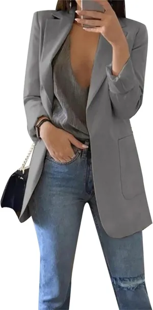 YMING Womens Solid Color Open Front Blazer Long Sleeve Office Jacket Work Cardigan with Pockets Plus Size