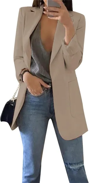 YMING Womens Solid Color Open Front Blazer Long Sleeve Office Jacket Work Cardigan with Pockets Plus Size