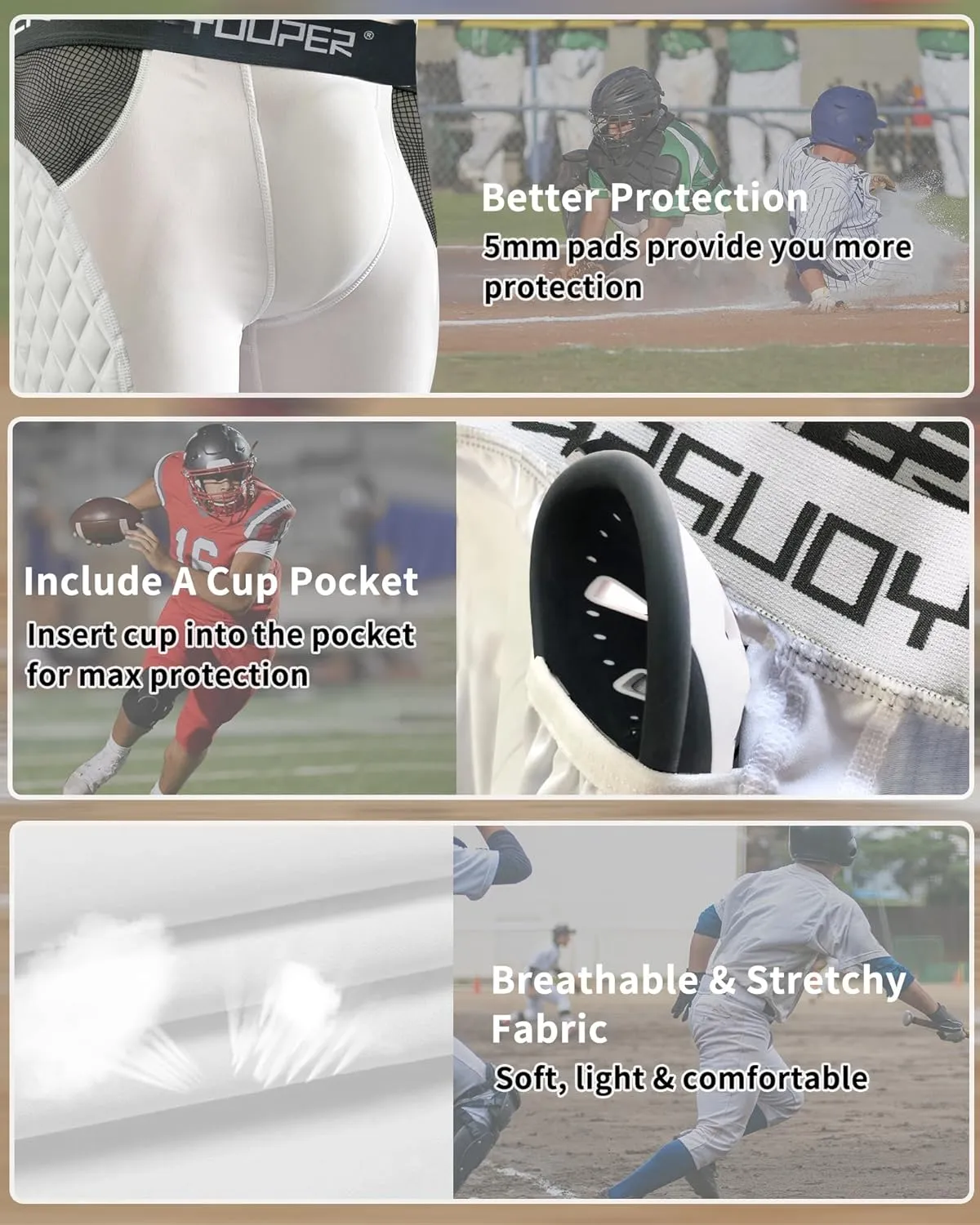 Youper Adult Elite Compression Padded Sliding Shorts w/Cup Pocket for Baseball, Football