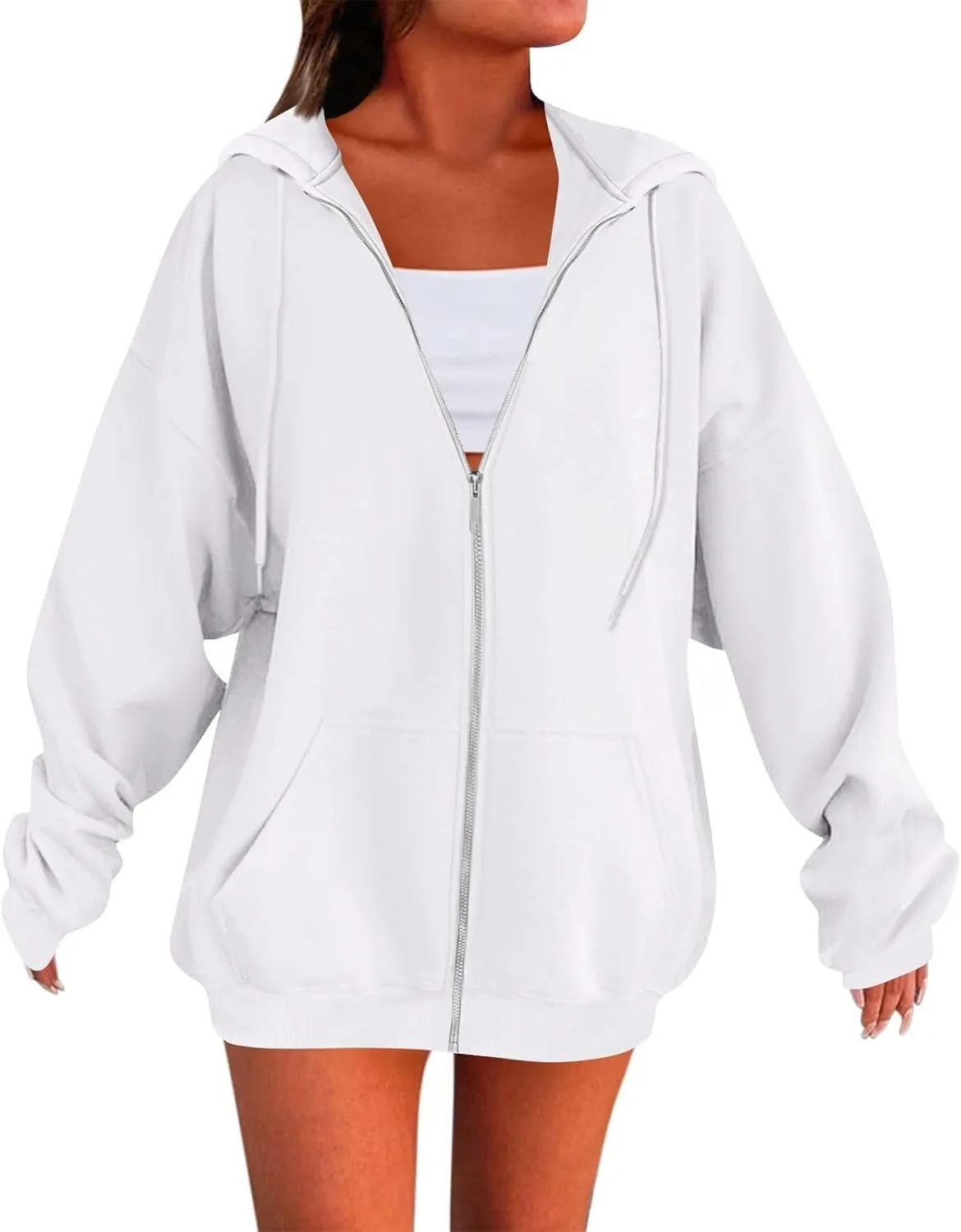 Zip Up Hoodie Women Y2k Oversized Fleece Jacket Workout Drawstring Hooded Sweatshirt with Pockets Winter Clothes